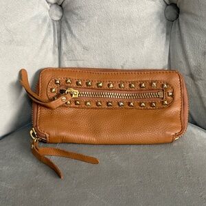 Linea Pelle tan studded zip wallet